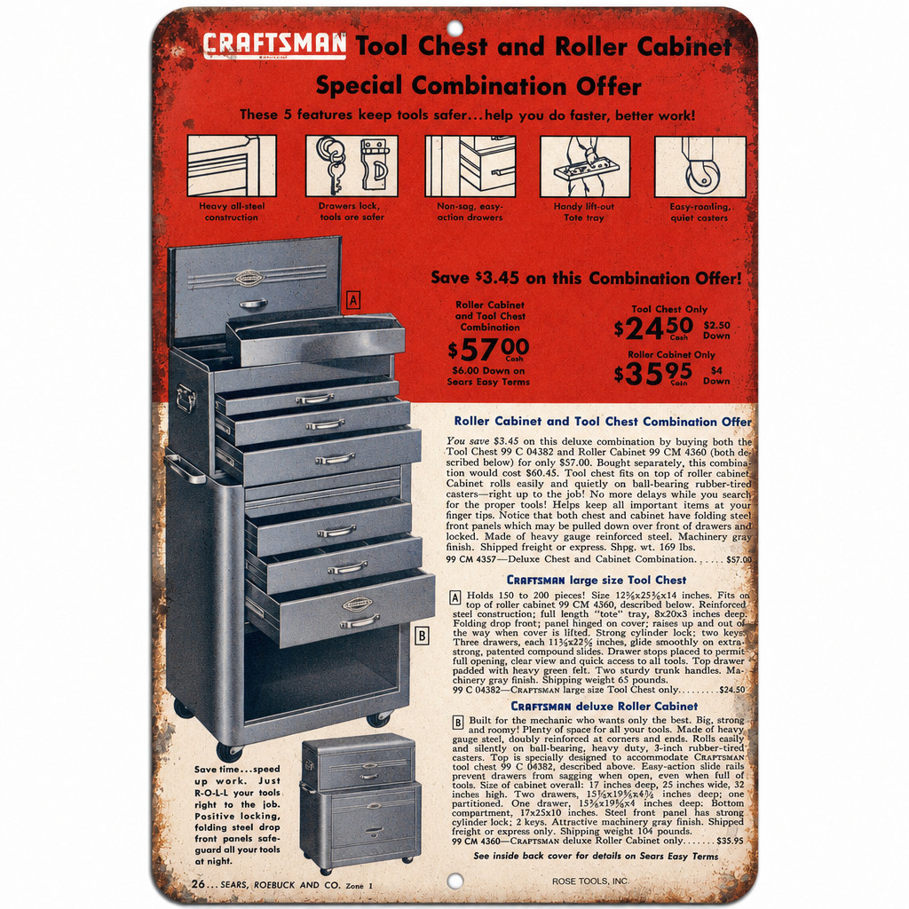 Craftsman Tool Chest Vintage Metal Sign Sears Ad Mechanics Garage 3 Sizes Craftsman Tool Chest Vintage Metal Sign Sears Ad Mechanics Garage 3 Sizes