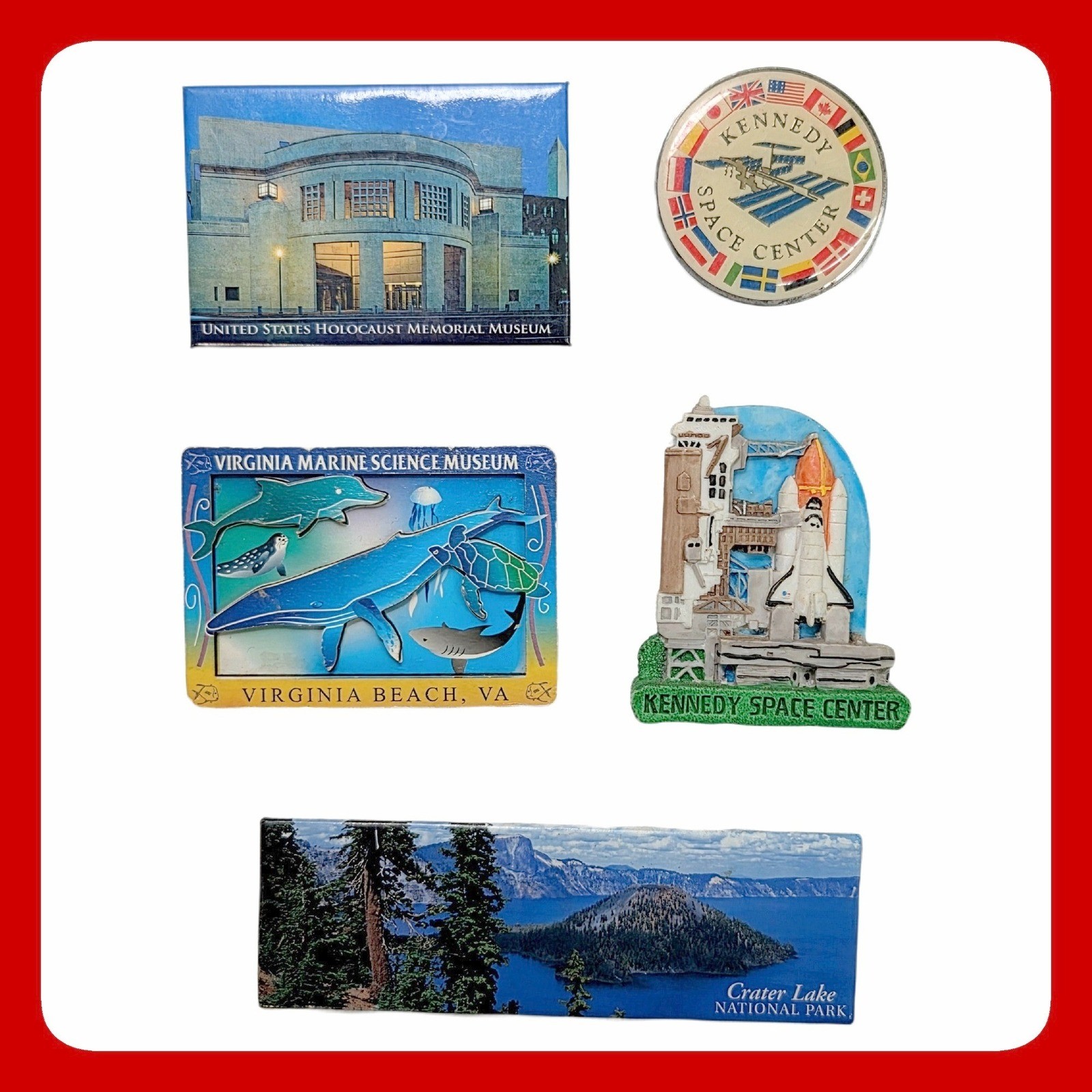Lot 5 Vintage Travel Souvenir Magnets Kennedy Space Center Crater Lake Museum