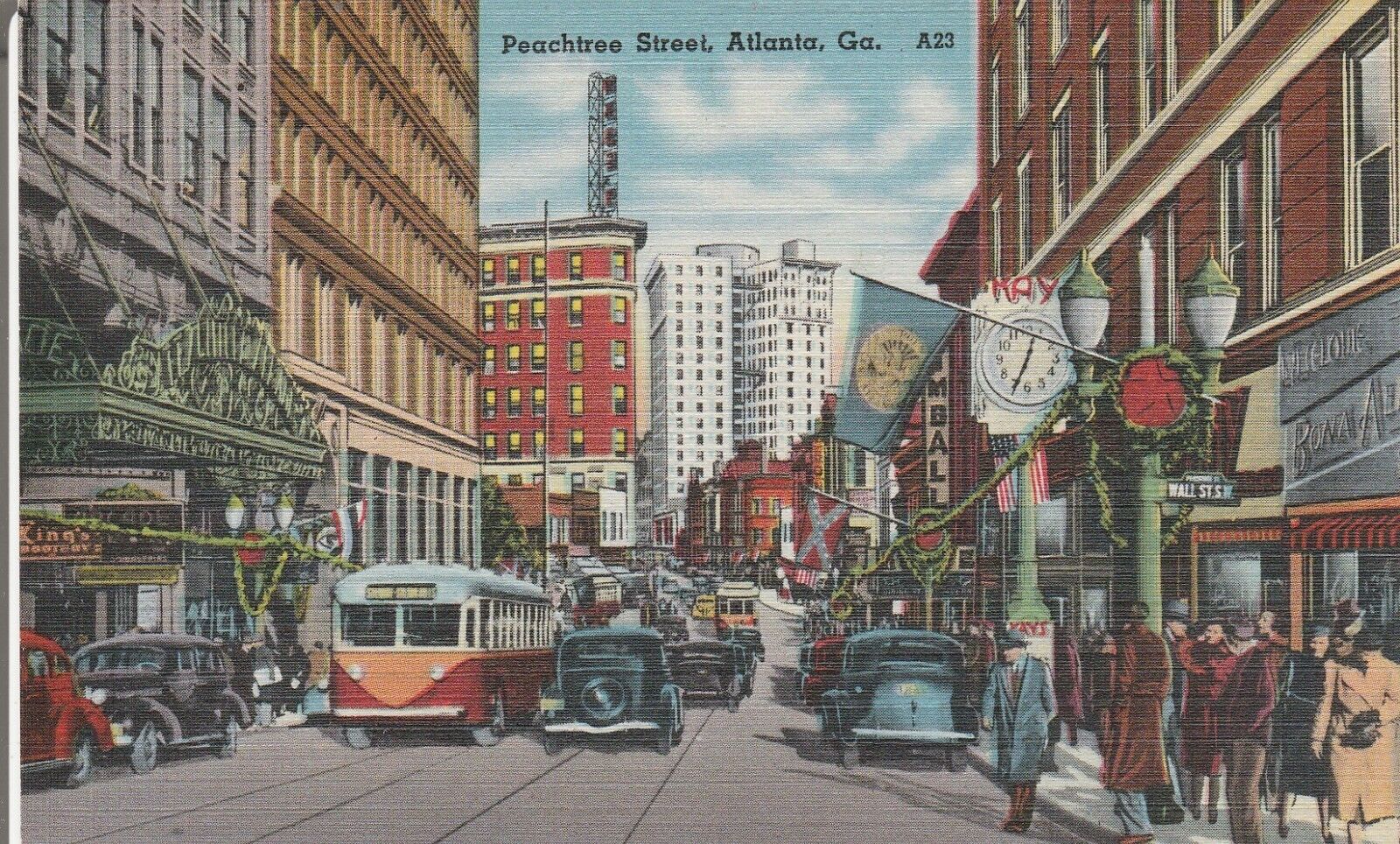 Atlanta Ga Georgia Peachtree Street Crowd Streetcars Automobiles
