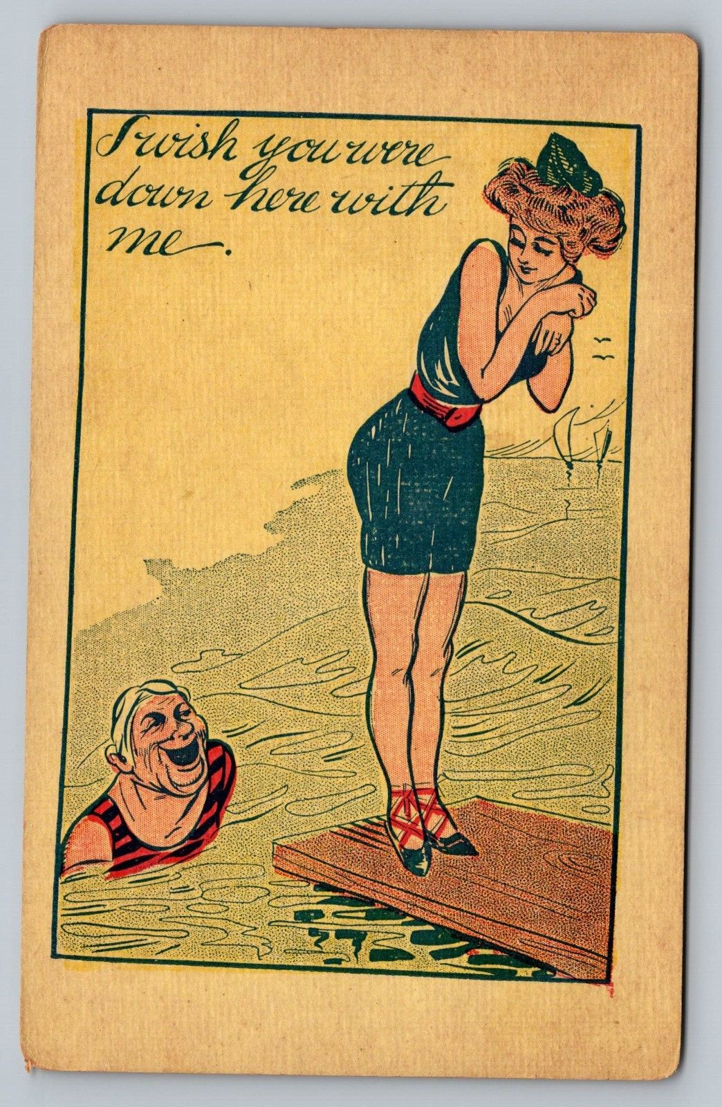 c1901 I Wish You Were Down Here With Me Unposted Cartoon Vintage Postcard