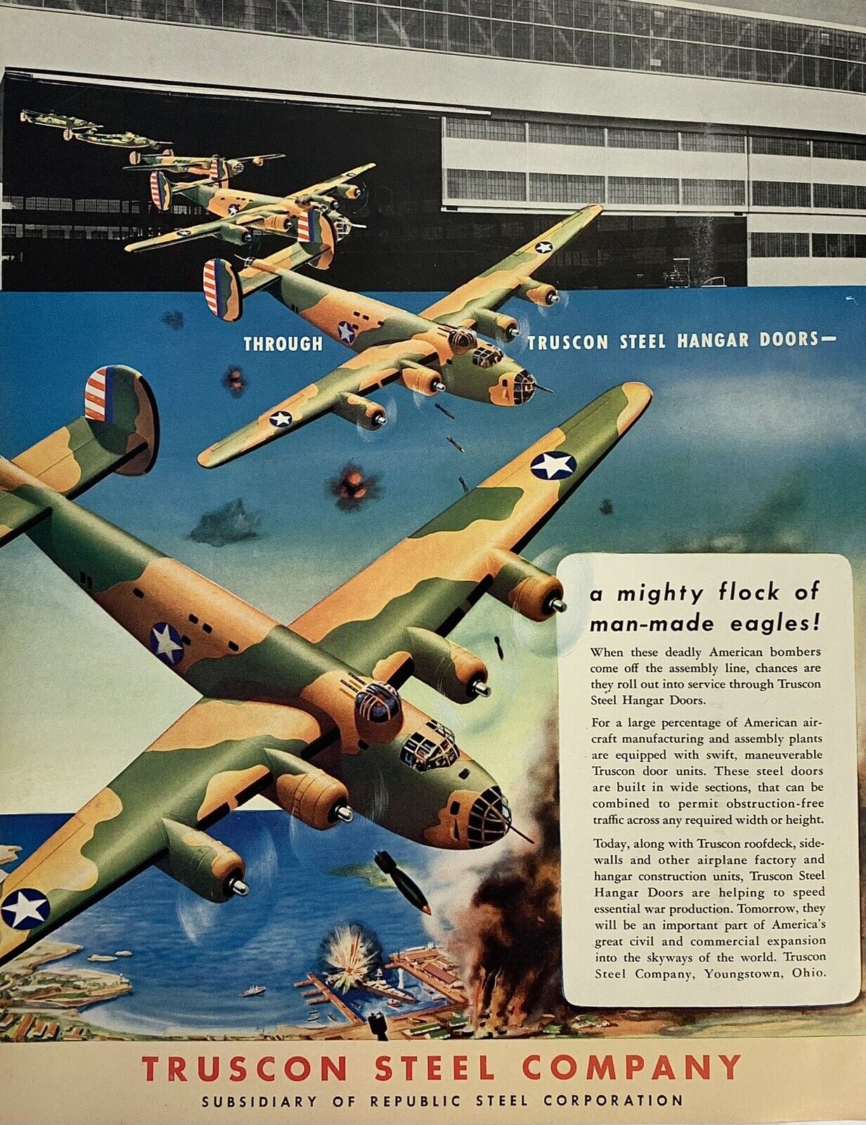 Magazine Print Ad Vintage 1942 Truscon Steel Company WWII Bomber Aircraft Bomber
