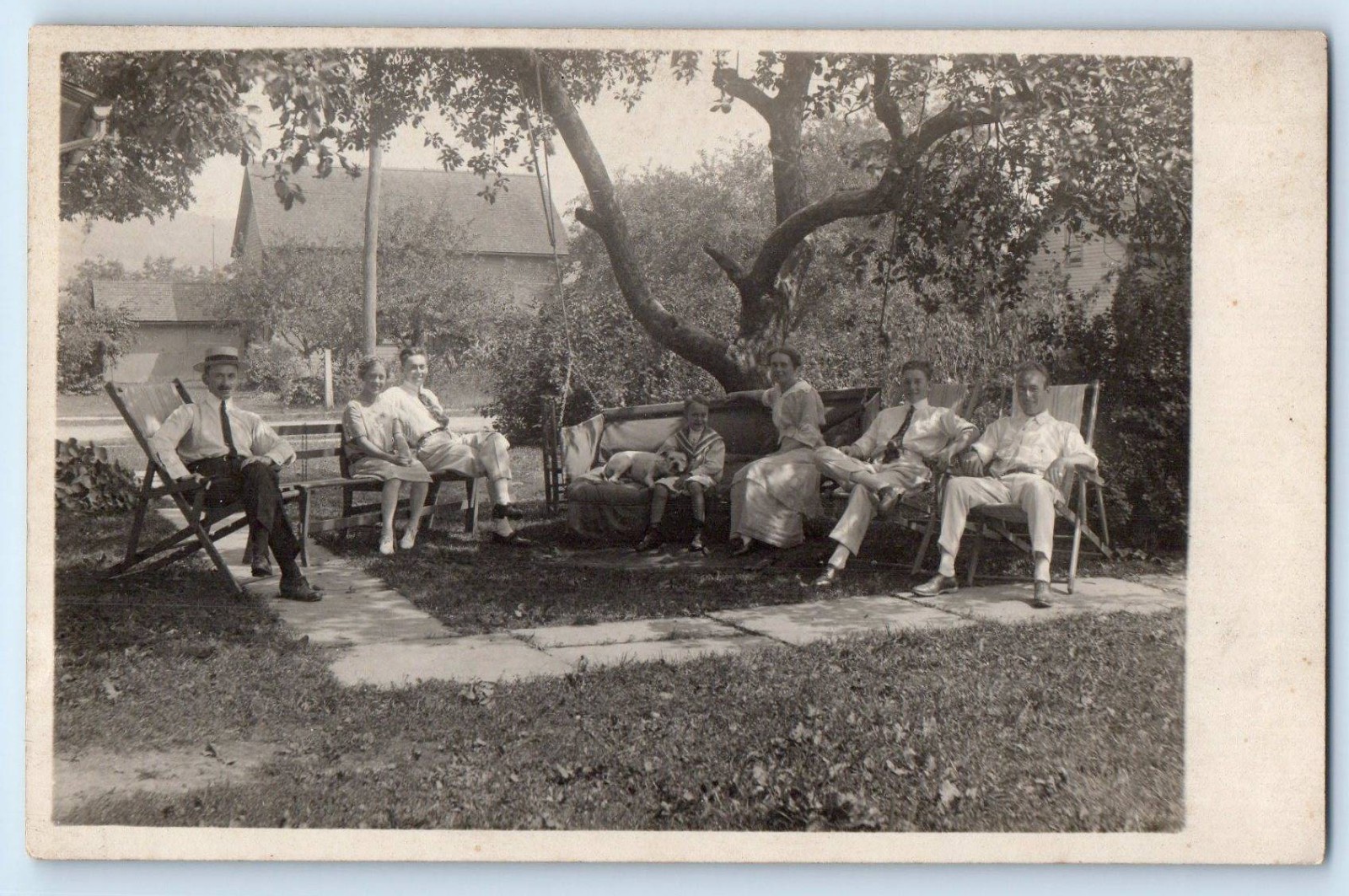 c1910's Family Gathering Boy With Dog Hammock Swing RPPC Photo Antique Postcard c1910's Family Gathering Boy With Dog Hammock Swing RPPC Photo Antique Postcard