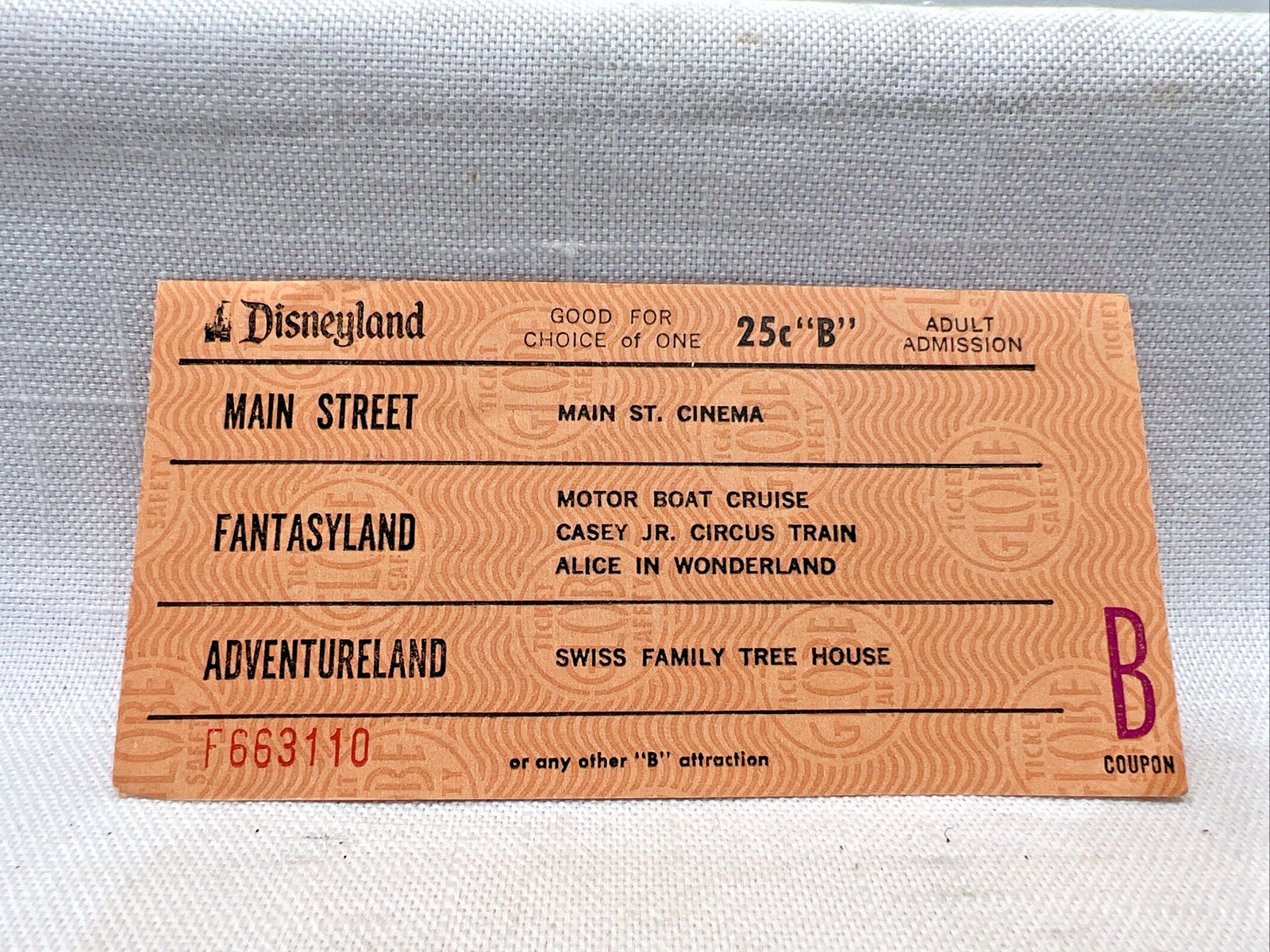 Vintage 1960's DISNEYLAND Adult B Ride Ticket Motor Boats, Swiss Family Tree tk8 Vintage 1960's DISNEYLAND Adult B Ride Ticket Motor Boats, Swiss Family Tree tk8