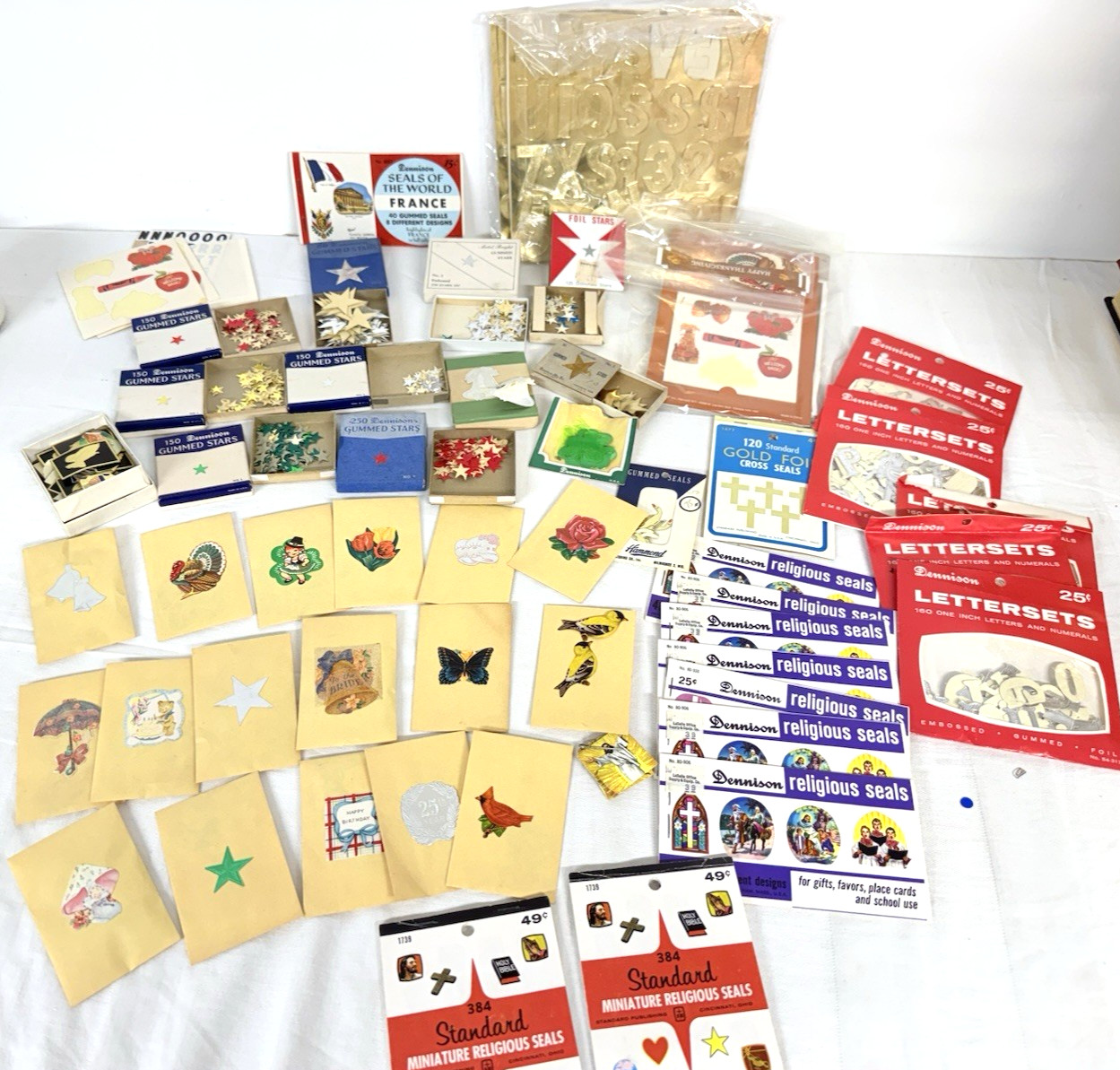 Vtg Dennison Gummed Seals Lot Stars Thanksgiving St Patrick Religious Letters + Vtg Dennison Gummed Seals Lot Stars Thanksgiving St Patrick Religious Letters +