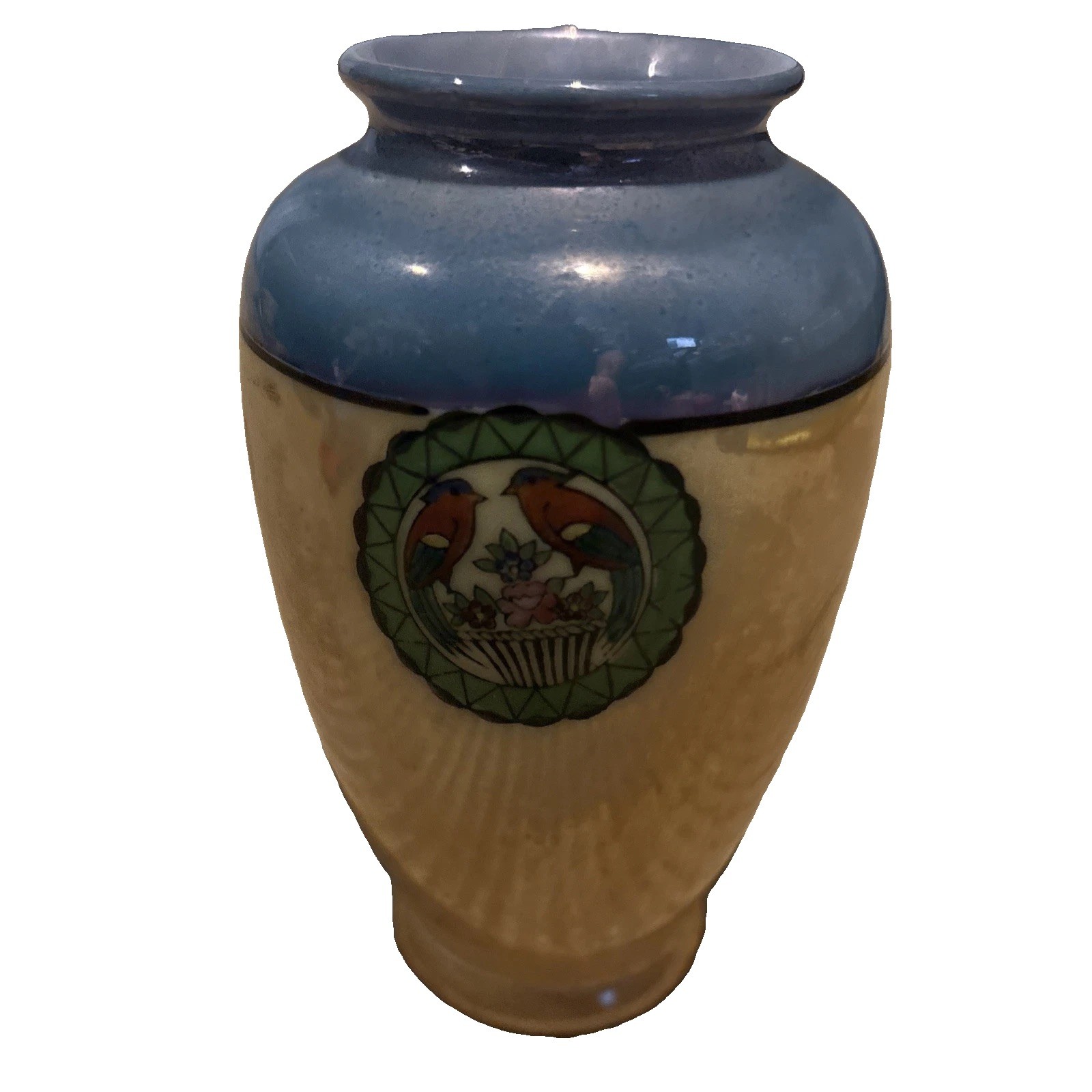 Vintage Japanese hand painted porcelain yellow & blue vase 5 inches Birds Vintage Japanese hand painted porcelain yellow & blue vase 5 inches Birds