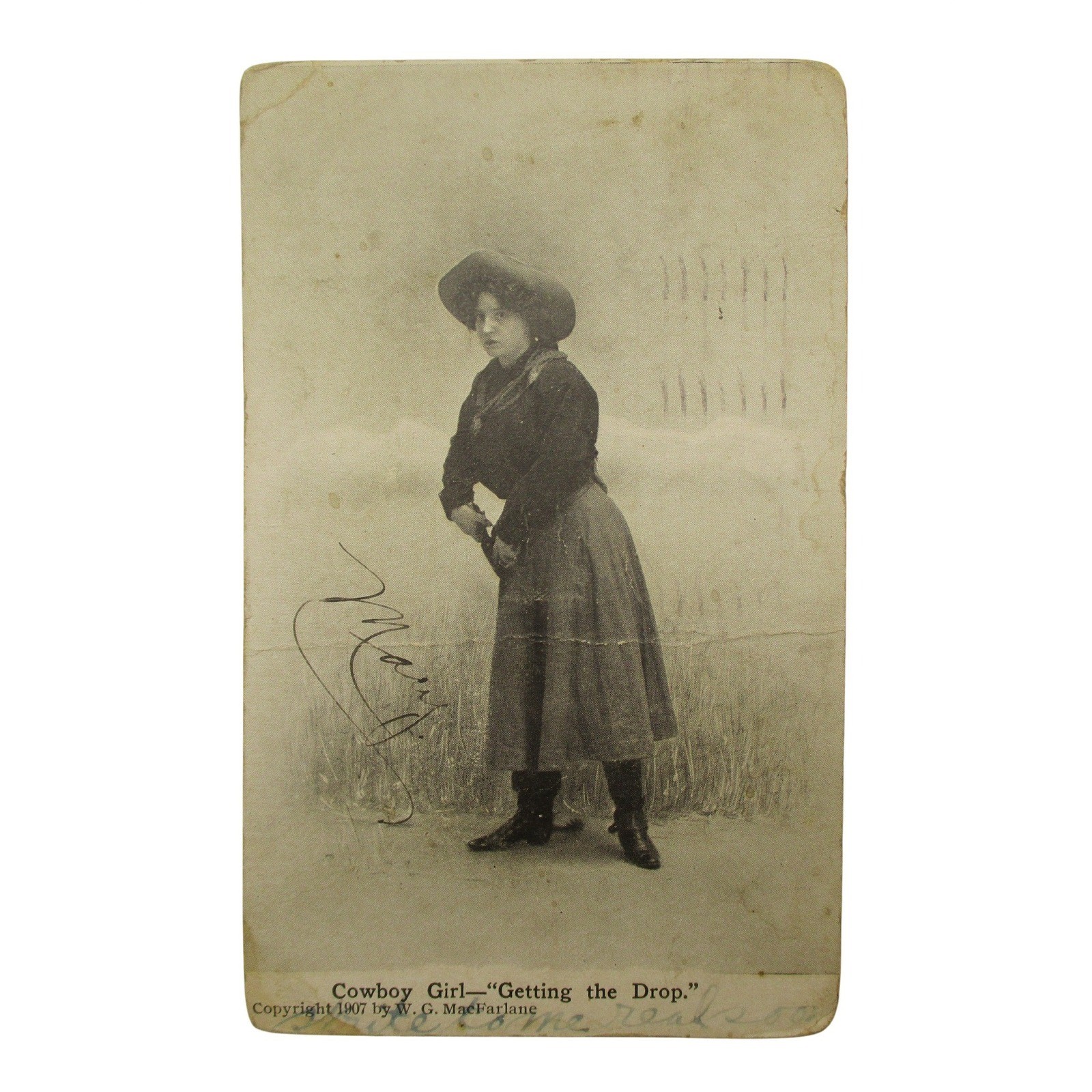 Antique 1907 Cowboy Girl Getting the Drop RPPC Postcard W G MacFarlane 1909 PM