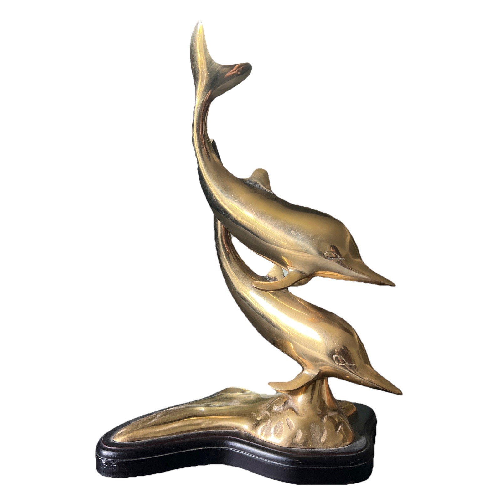 Vintage MCM Brass Double Dolphin Sculpture 12” Wood Base Coastal Nautical Decor Vintage MCM Brass Double Dolphin Sculpture 12” Wood Base Coastal Nautical Decor