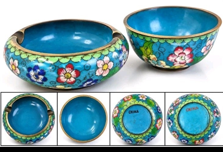 Vintage Chinese Cloisonné Enamel Brass Bowls/Dishes — Set of 2 Vintage Chinese Cloisonné Enamel Brass Bowls/Dishes — Set of 2
