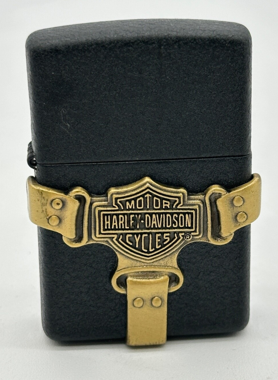 Vintage 1999 Harley Davidson Gold Boot Strap Emblem Black Matte Zippo Lighter XV