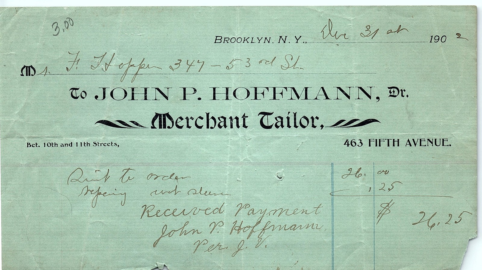 1902 John P. Hoffmann Merchant Tailor Brooklyn Paid Billhead 1902 John P. Hoffmann Merchant Tailor Brooklyn Paid Billhead