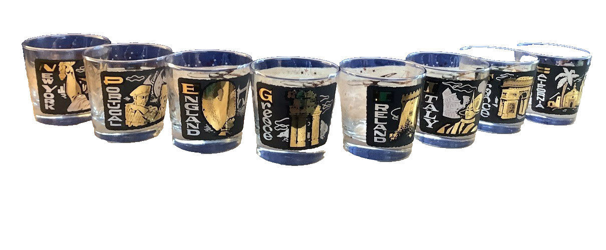 Vintage TWA Libbey destination cocktail lowball/rocks glasses set of 8, blk&gold