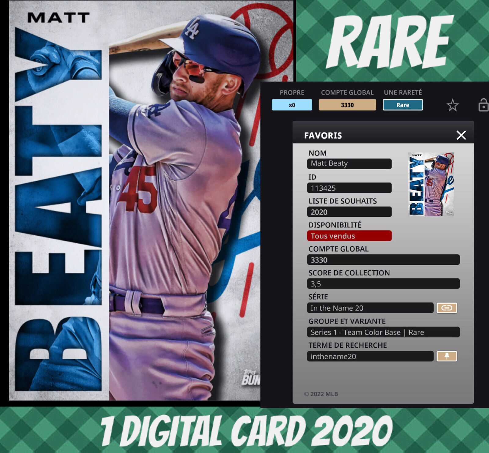 2020 Topps Colorful Rare Matt Beaty In The Name Team Color Digital Matt