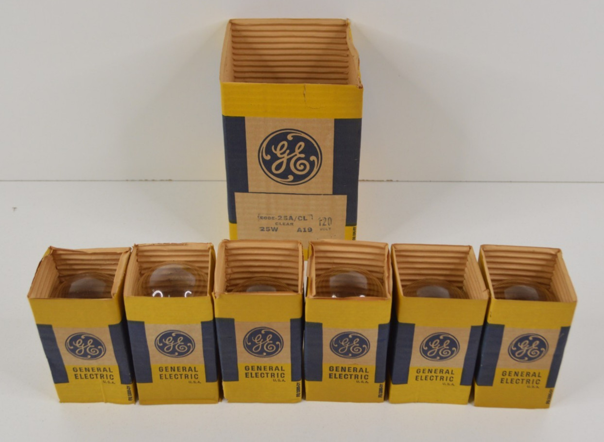Lot of 6 Vintage Clear GE 25W Incandescent Light Bulbs A19 Base NEW IN BOX Lot of 6 Vintage Clear GE 25W Incandescent Light Bulbs A19 Base NEW IN BOX