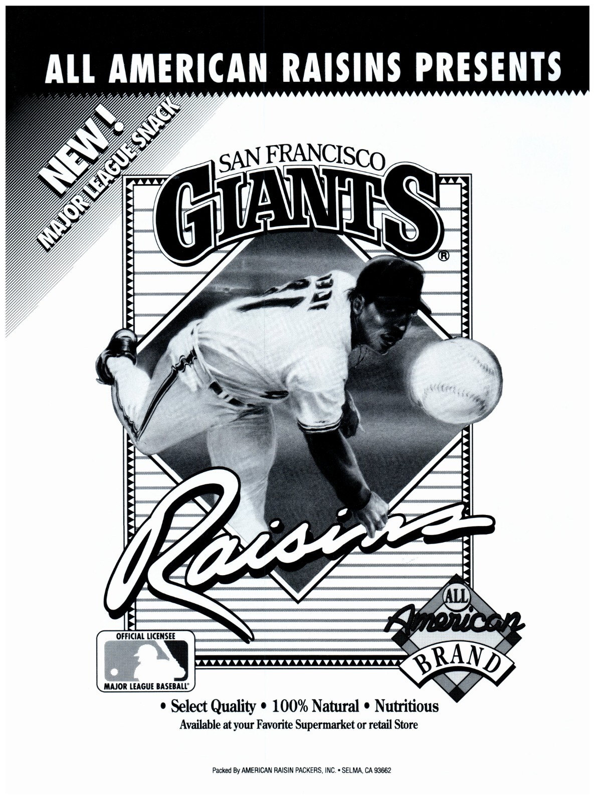1991 All American Brand Raisins Print Ad, San Francisco Giants Pitcher MLB Snack 1991 All American Brand Raisins Print Ad, San Francisco Giants Pitcher MLB Snack
