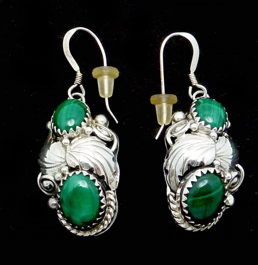 Vintage Sampson Yazzie Sterling Silver Malachite Pierced Dangle Earrings 27586
