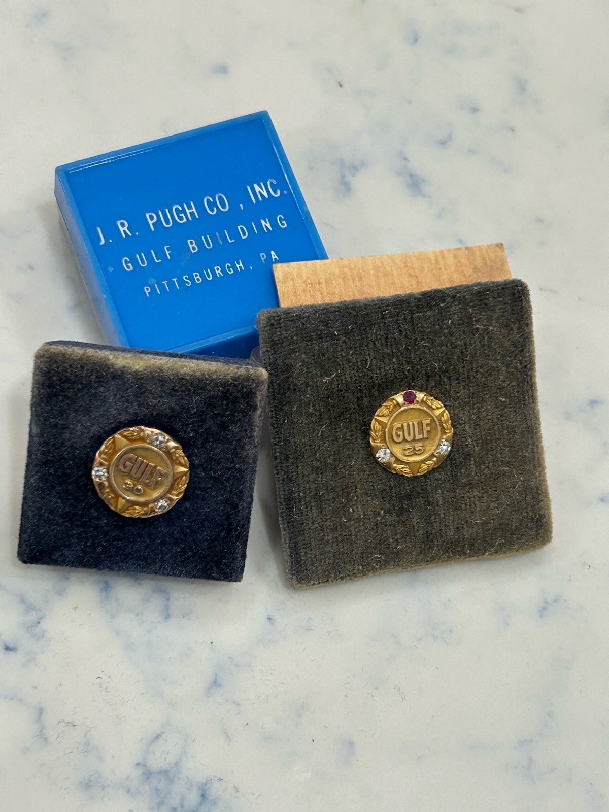 Lot of 2 Vintage Original 10K Gold Diamond Ruby Gulf 25 and 30 Year Service Pins