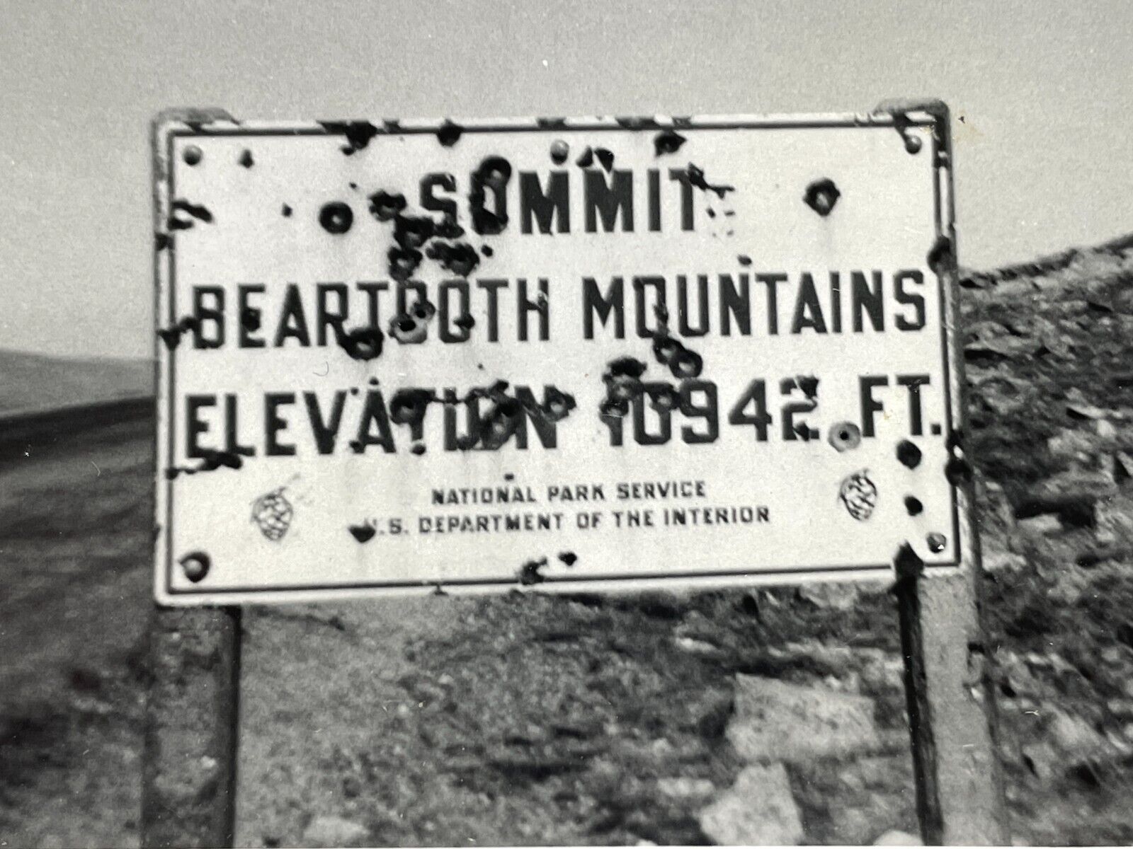 QC Photograph Summit Beartooth Mountain Road Sign Shotgun Holes Artistic 1950's