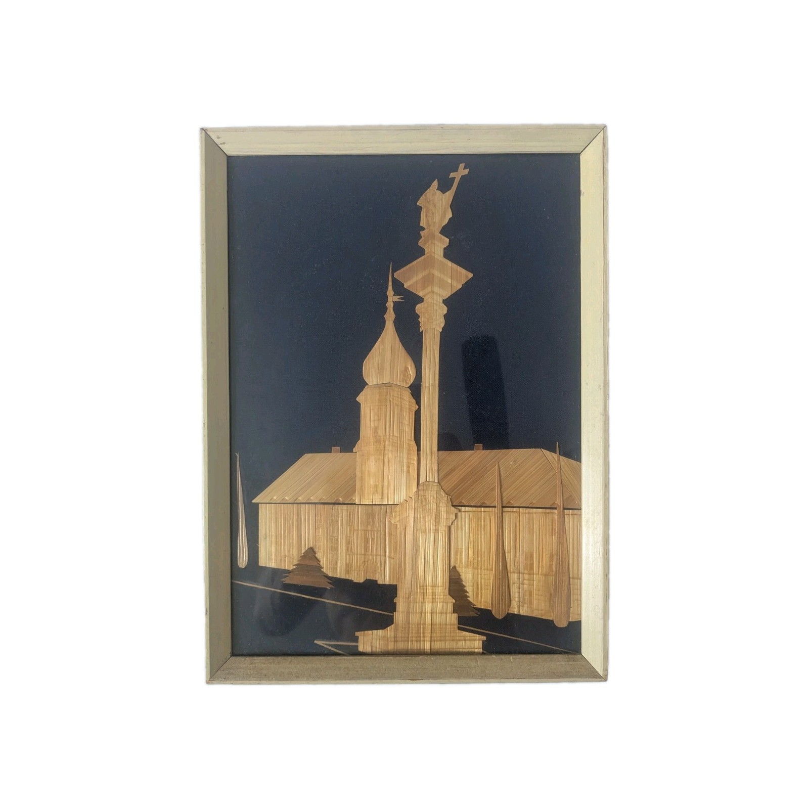 Vintage Polish Straw Art Sigismund's Column Warsaw 1960s Wood Frame