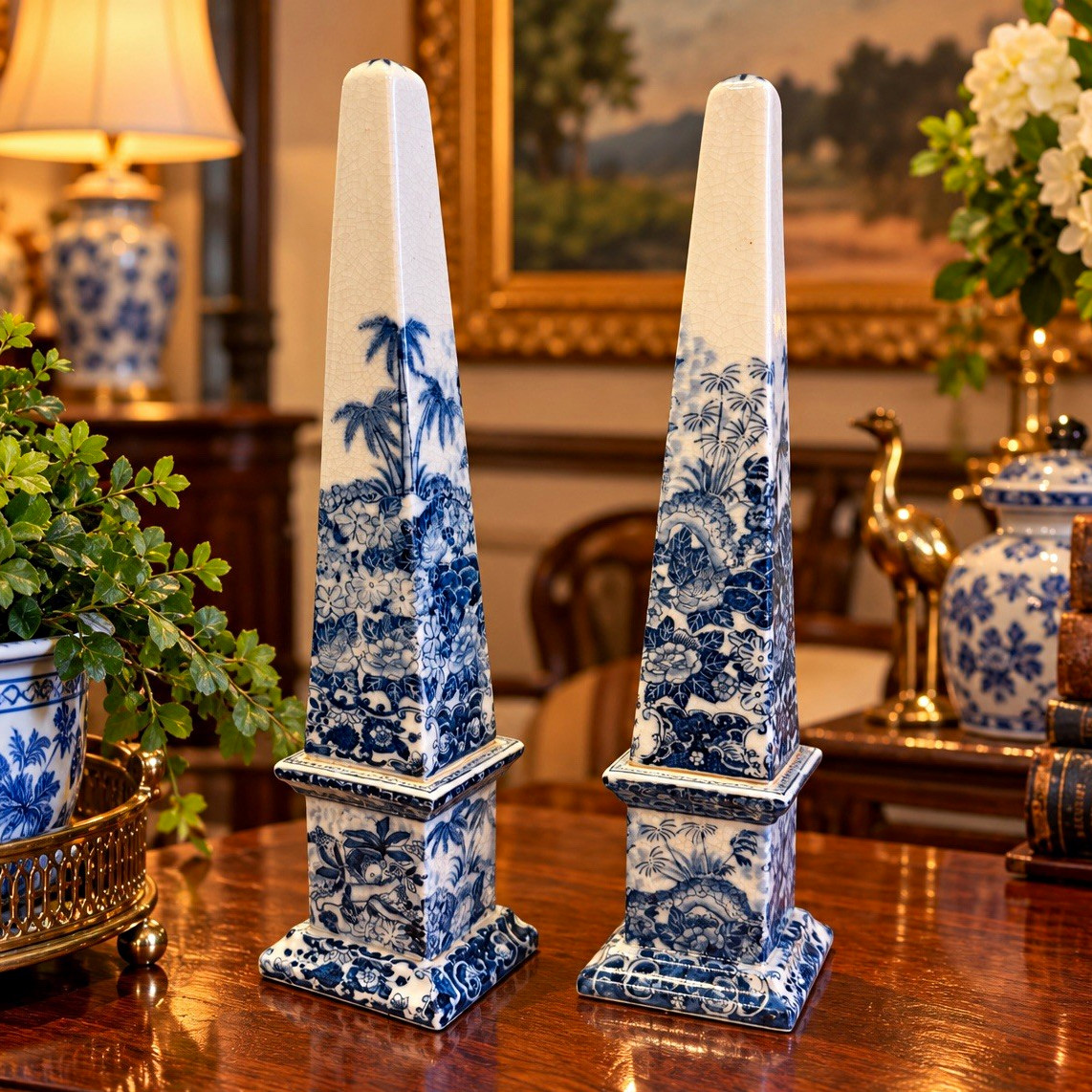 Amazing Pair of Vintage Chinese Blue & White Porcelain Chinoiserie Obelisks Amazing Pair of Vintage Chinese Blue & White Porcelain Chinoiserie Obelisks