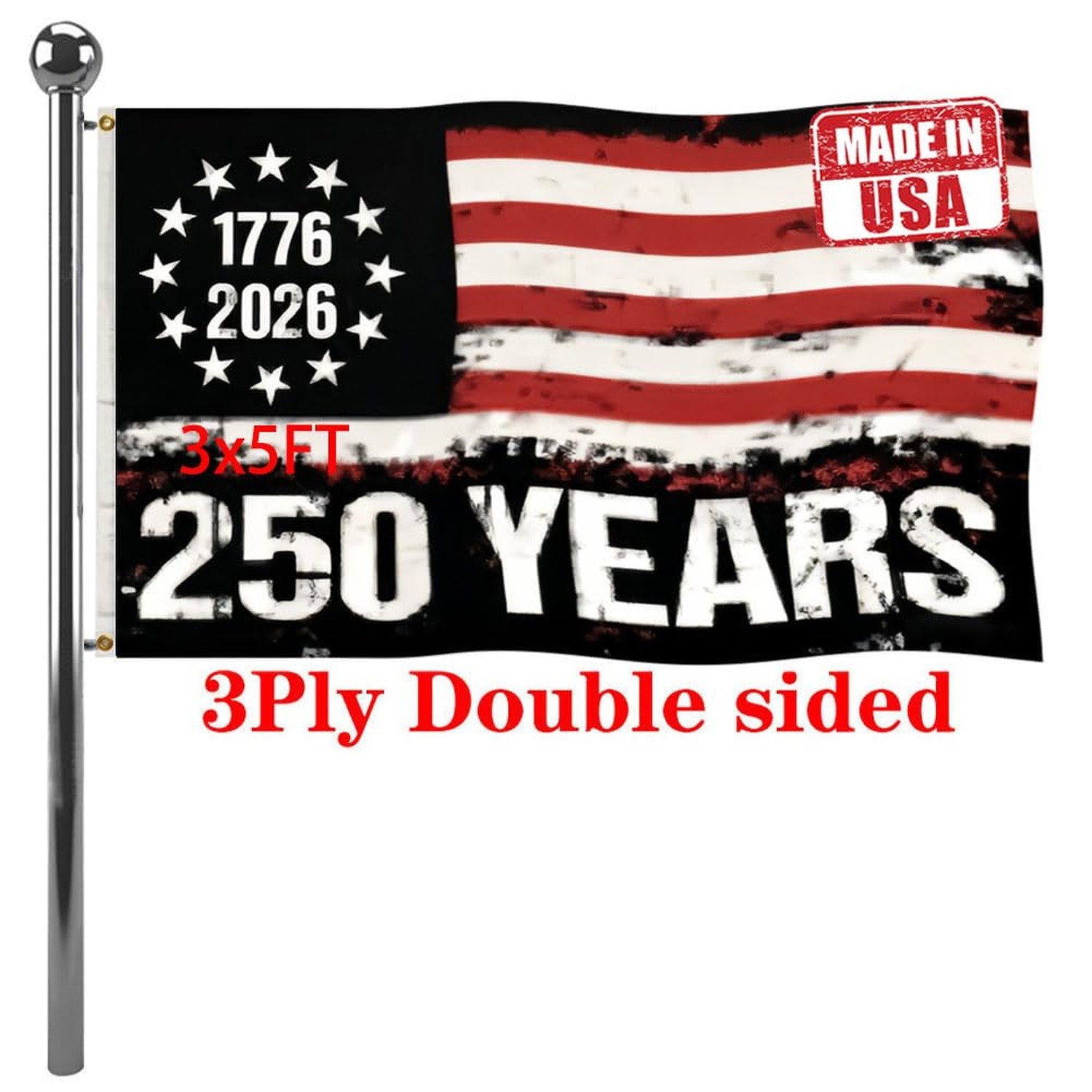 Jayus Double Sided 250th Anniversary American USA Flags 3x5 Outdoor- Vivid Co...