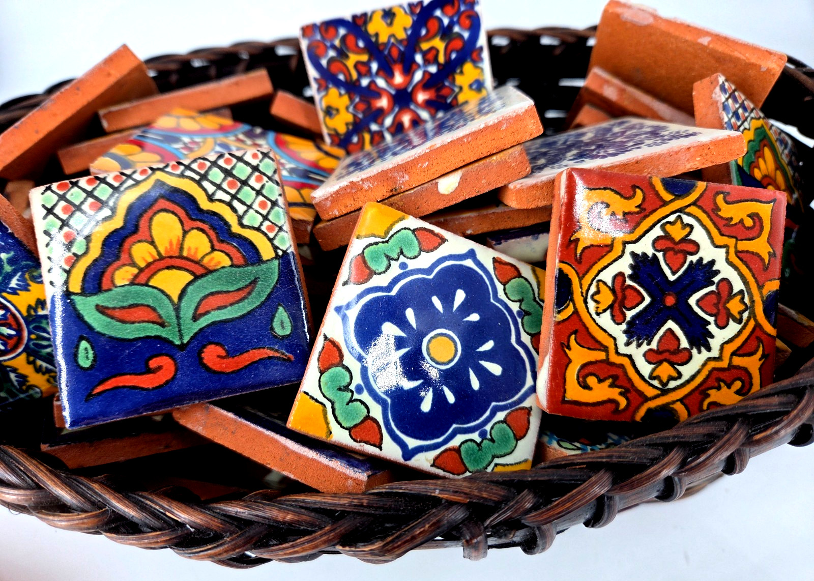 Set 12 Mexican Talavera Pottery Decorative 2-inch TERRACOTTA TILES Mexico Signed Set 12 Mexican Talavera Pottery Decorative 2-inch TERRACOTTA TILES Mexico Signed
