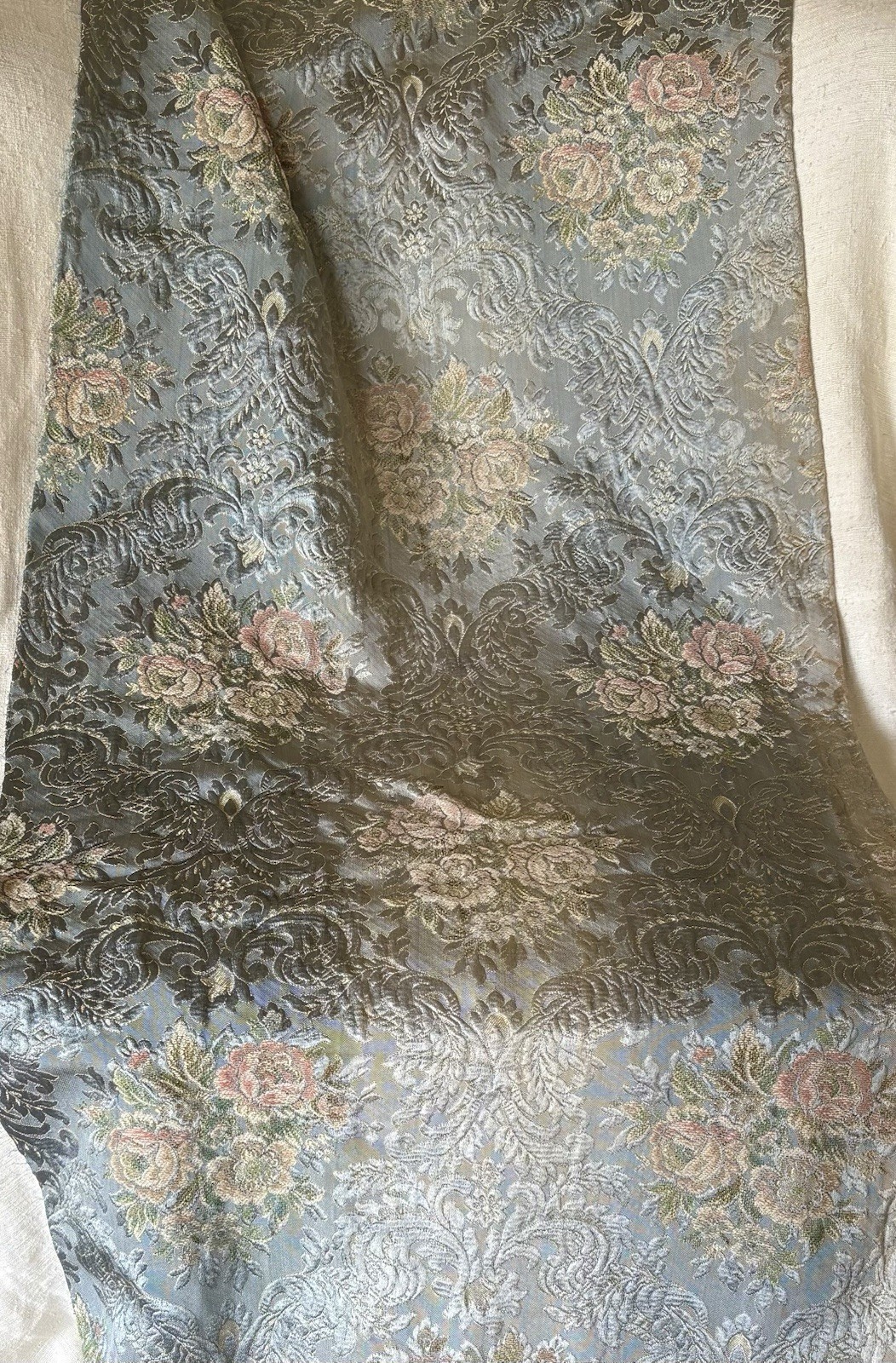 Antique Vtg English French Floral Roses Carved Satin Jacquard Fabric ~ Blue Pink