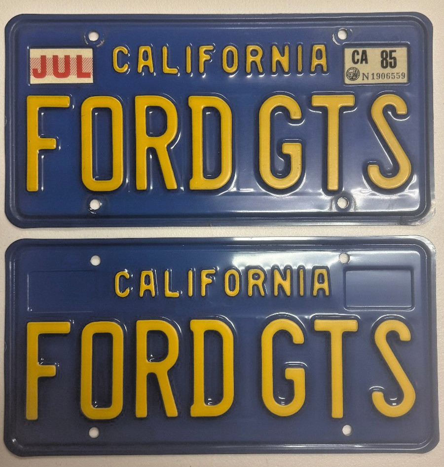 Vintage California FORD GTS Vanity License Plate Pair 1980s Ford GTS DMV Env. Vintage California FORD GTS Vanity License Plate Pair 1980s Ford GTS DMV Env.