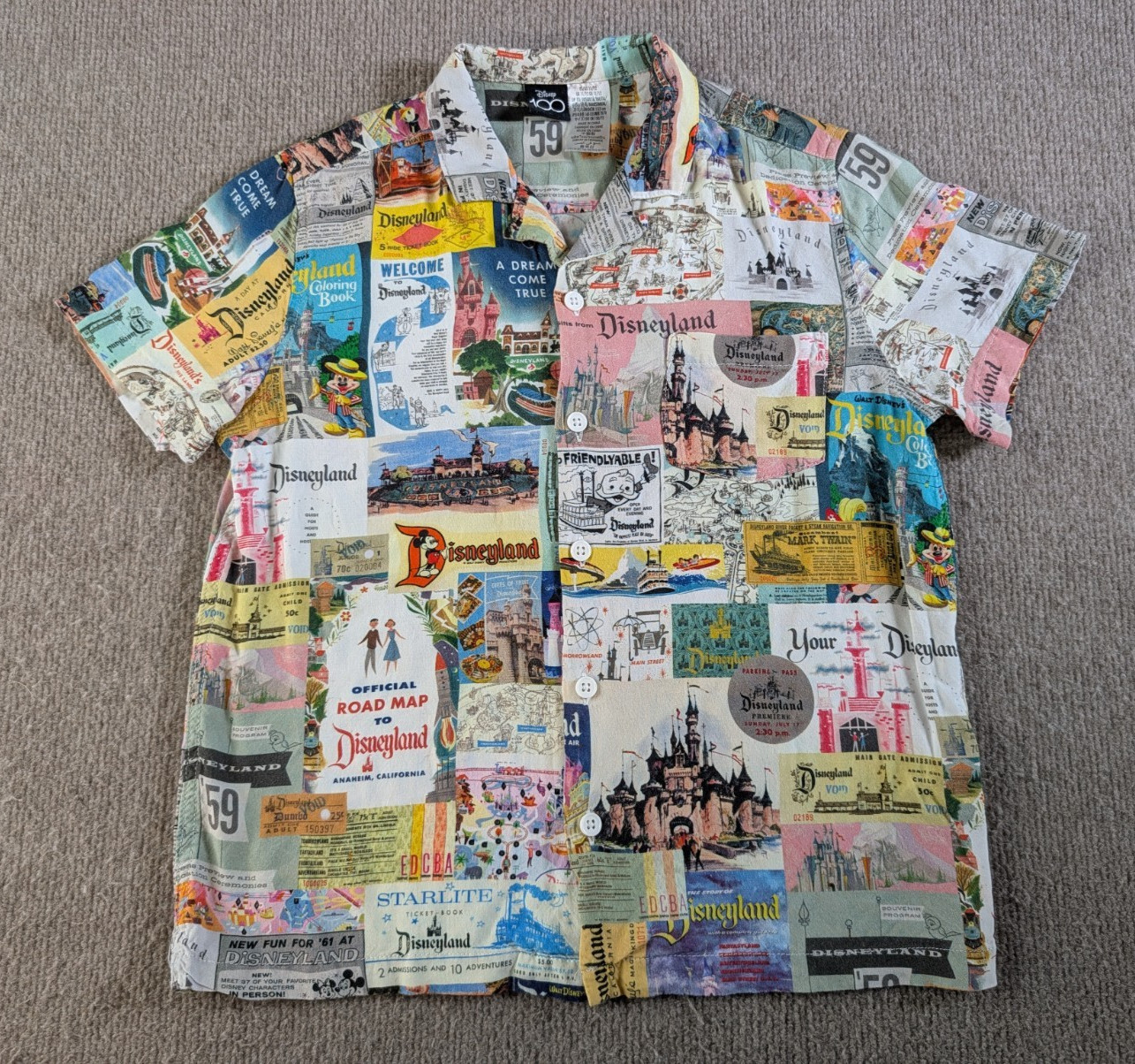 Disney 100 Disneyland Vintage Map Ticket Print Button Shirt Youth Size 11/12