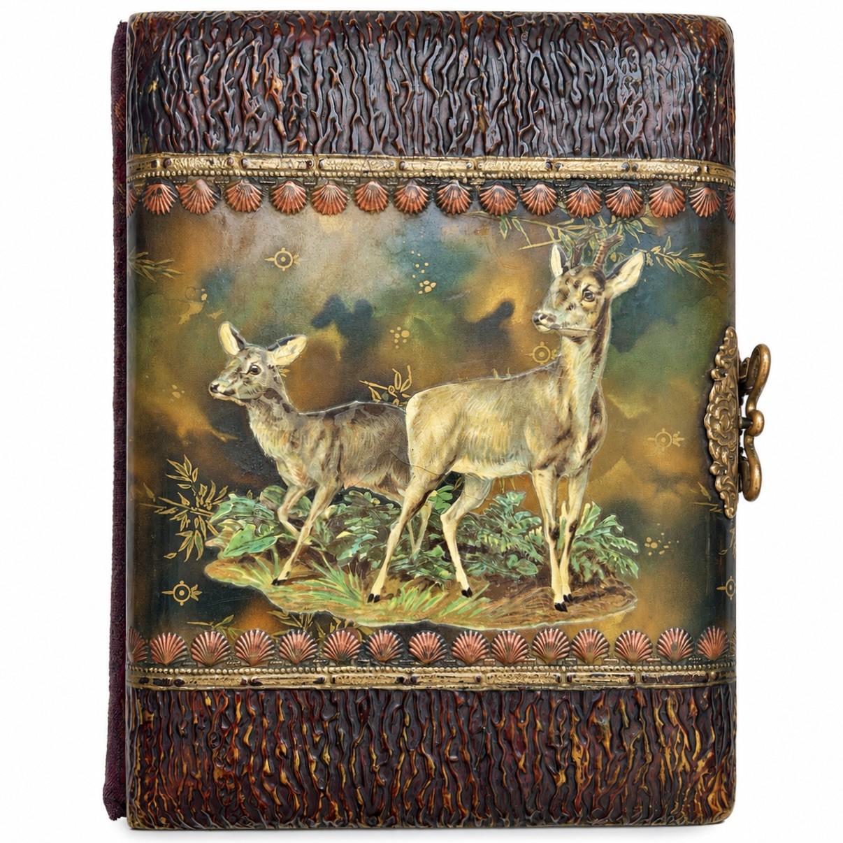 Antique Victorian Celluloid Photo Album Deer Forest Brass Clasp 22 Photographs