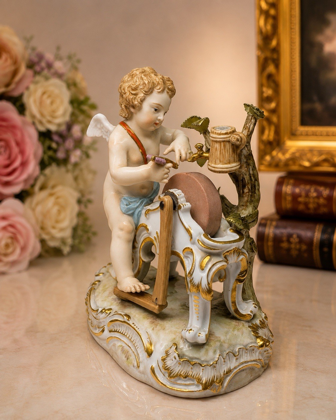 Antique Meissen Porcelain Cupid Sharpening Arrow C62 Figurine 12cm AS IS