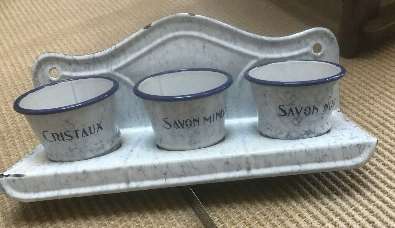 Vintage French Enamelware Laundry Set, white/blue---read description Vintage French Enamelware Laundry Set, white/blue---read description