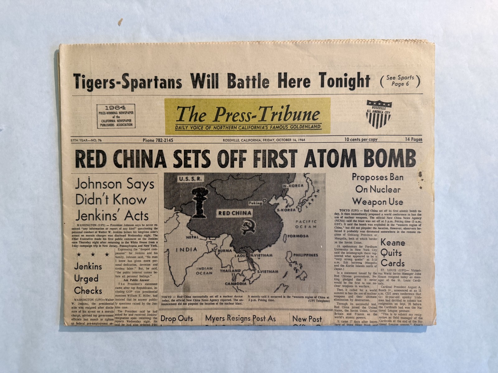 1964 Press-Tribune Red China Sets Off First Atom Bomb Nuclear Newspaper 1964 Press-Tribune Red China Sets Off First Atom Bomb Nuclear Newspaper