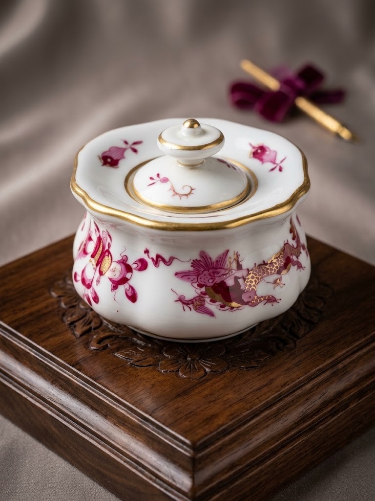 Meissen Rich Court Dragon Purple Sugar Bowl Box With Lid Restored Knob Antique Meissen Rich Court Dragon Purple Sugar Bowl Box With Lid Restored Knob Antique