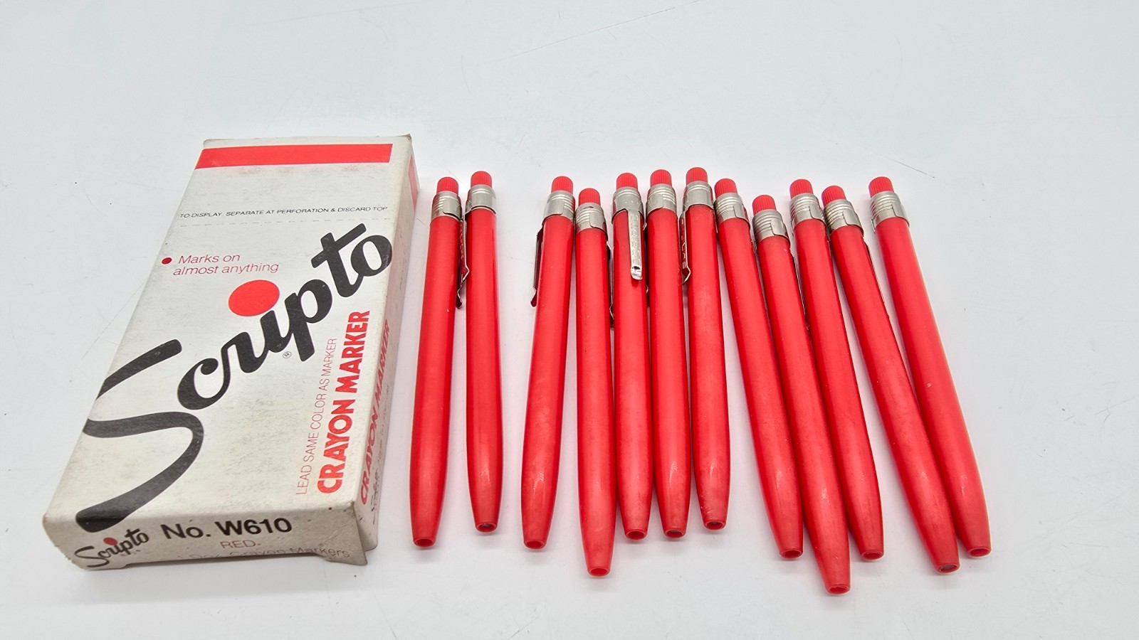 Box of 12 Vintage Scripto W610 Red Mechanical Crayon Marker Pencil New NOS Box of 12 Vintage Scripto W610 Red Mechanical Crayon Marker Pencil New NOS