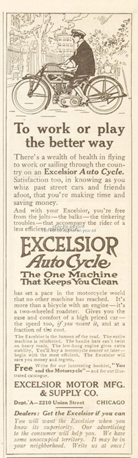 1912 Excelsior Motorcycle Auto Cycle Original Ad Work or Play the Better Way