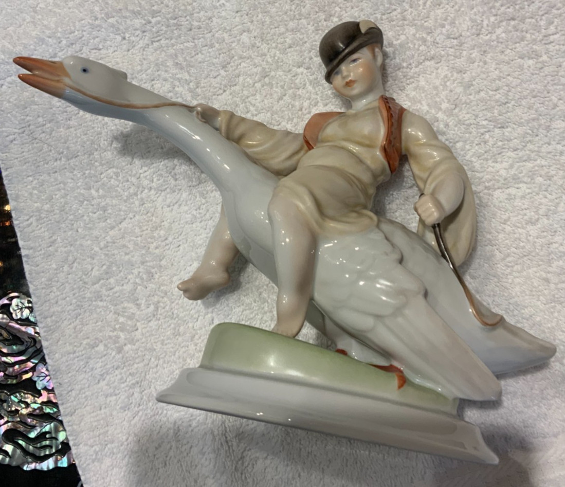 YOUNG VINTAGE BOY FROM HEREND, HUNGARY, RIDING A GOOSE, HAND PAINTED 8 1/2\ YOUNG VINTAGE BOY FROM HEREND, HUNGARY, RIDING A GOOSE, HAND PAINTED 8 1/2\