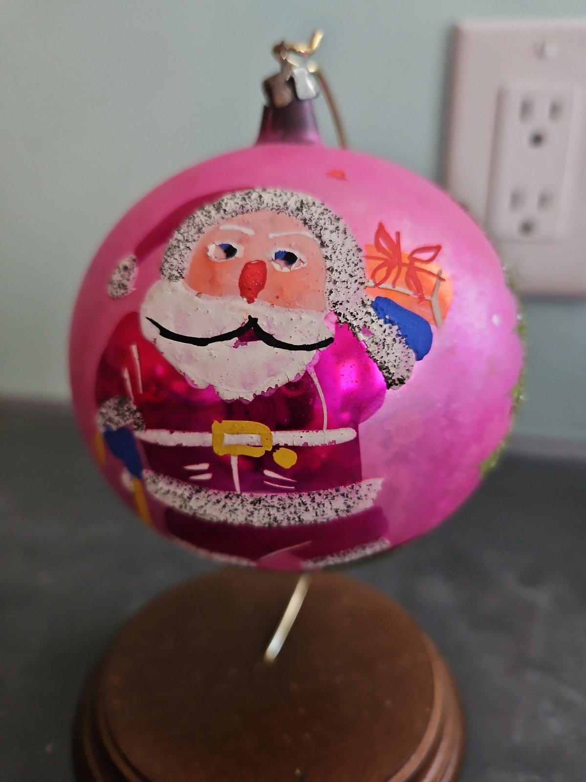 Vtg Jumbo Christmas Ornament Poland Santa with Cane Tree Pink Hand Painted Mica Vtg Jumbo Christmas Ornament Poland Santa with Cane Tree Pink Hand Painted Mica