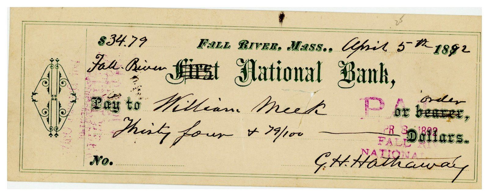 1892 Fall River Mass. Bank Check William Meek Signed G.H. Hathaway Antique 1892 Fall River Mass. Bank Check William Meek Signed G.H. Hathaway Antique