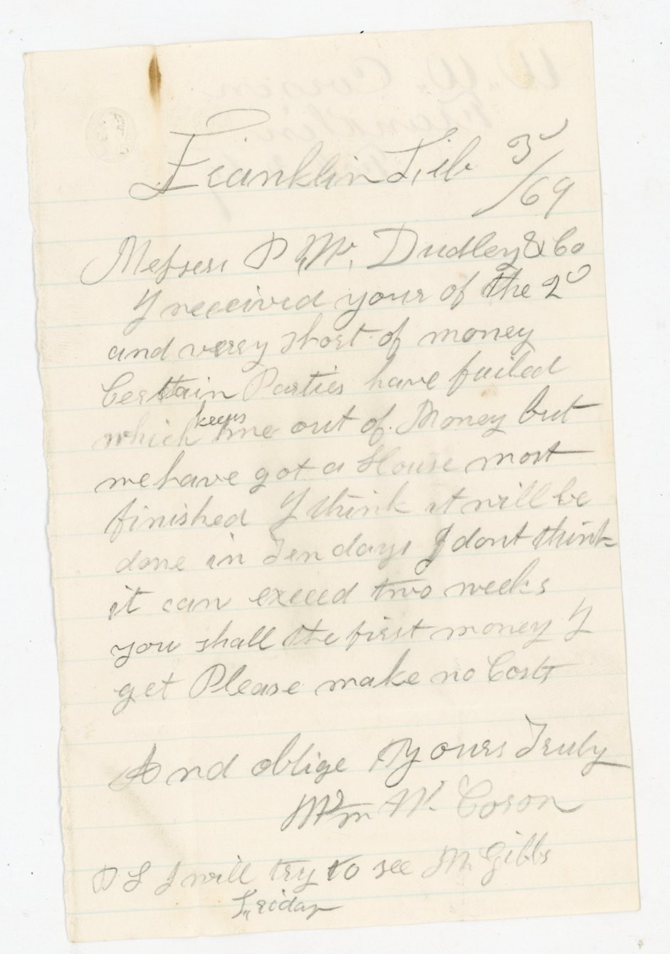 1869 Handwritten Letter Franklin NY W.W. Corson to P.M. Dudley & Co Money Tr
