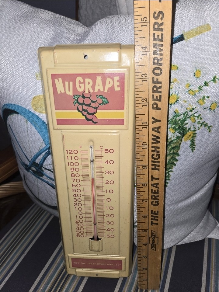 Vintage Rare NuGrape Sign Thermometer Get The Great Grape Giggles Late 60s Tin Vintage Rare NuGrape Sign Thermometer Get The Great Grape Giggles Late 60s Tin