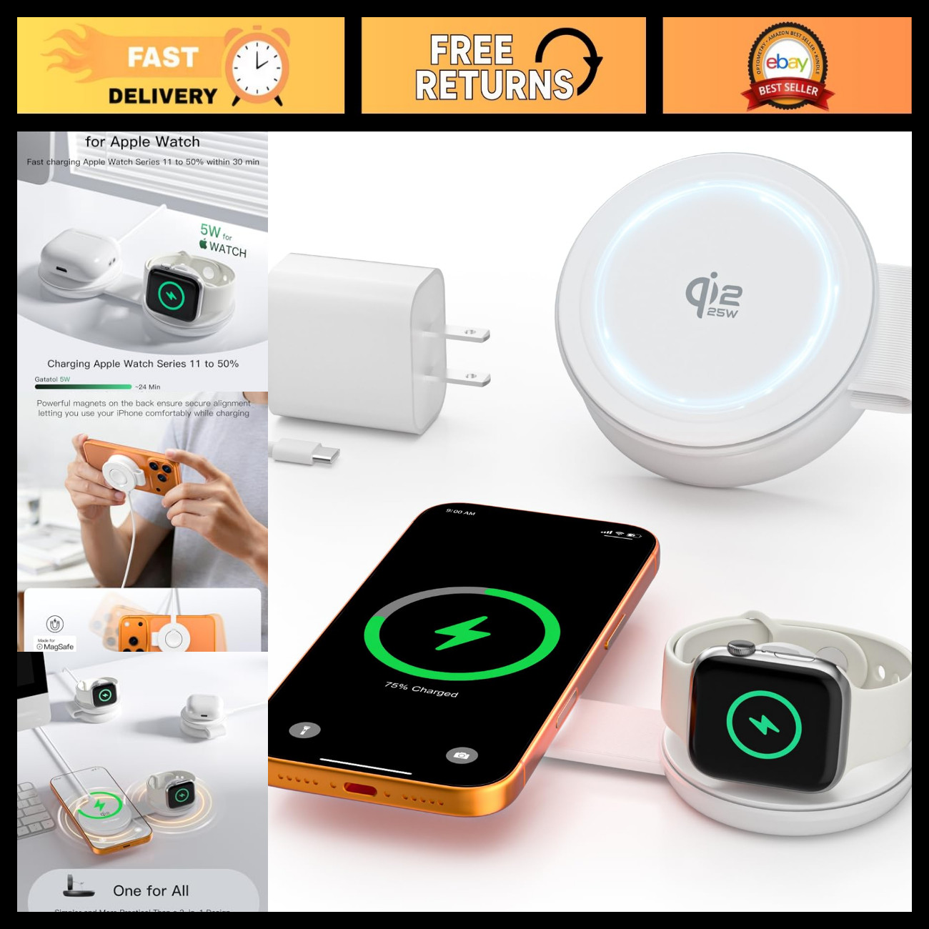 2 in 1 Magnetic Wireless Charger, Qi2 25W Fast Charging Pad for MagSafe
