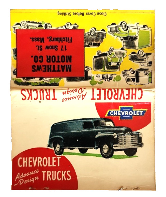 1940s Matthews Motor Chevrolet Dealer Vintage Matchbook Cover Fitchburg Mass