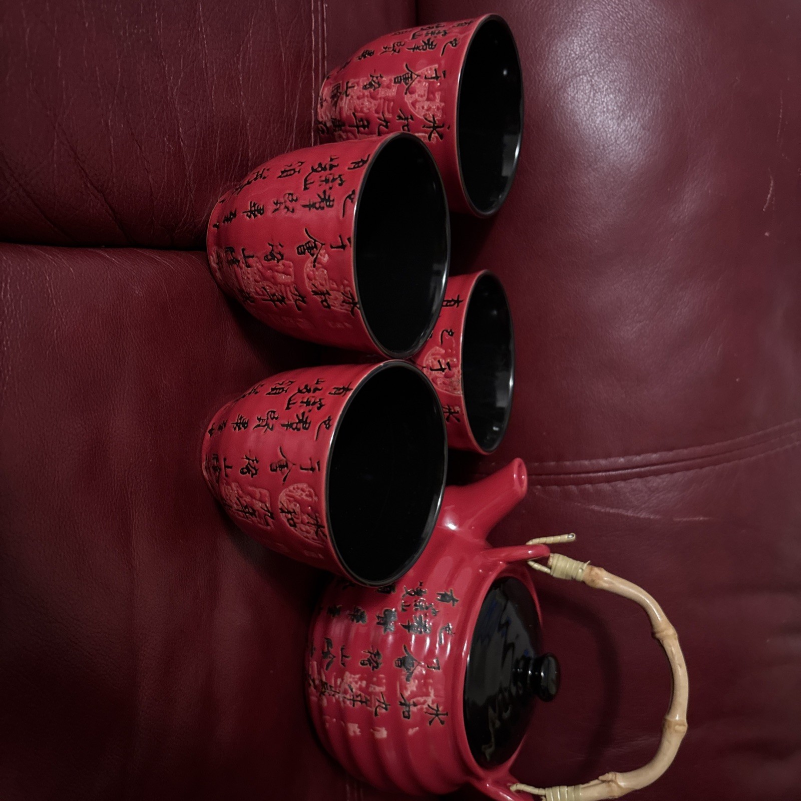 Ebros 27 oz Chinese Calligraphy Red Glazed Porcelain Teapot Set with Cups Ebros 27 oz Chinese Calligraphy Red Glazed Porcelain Teapot Set with Cups