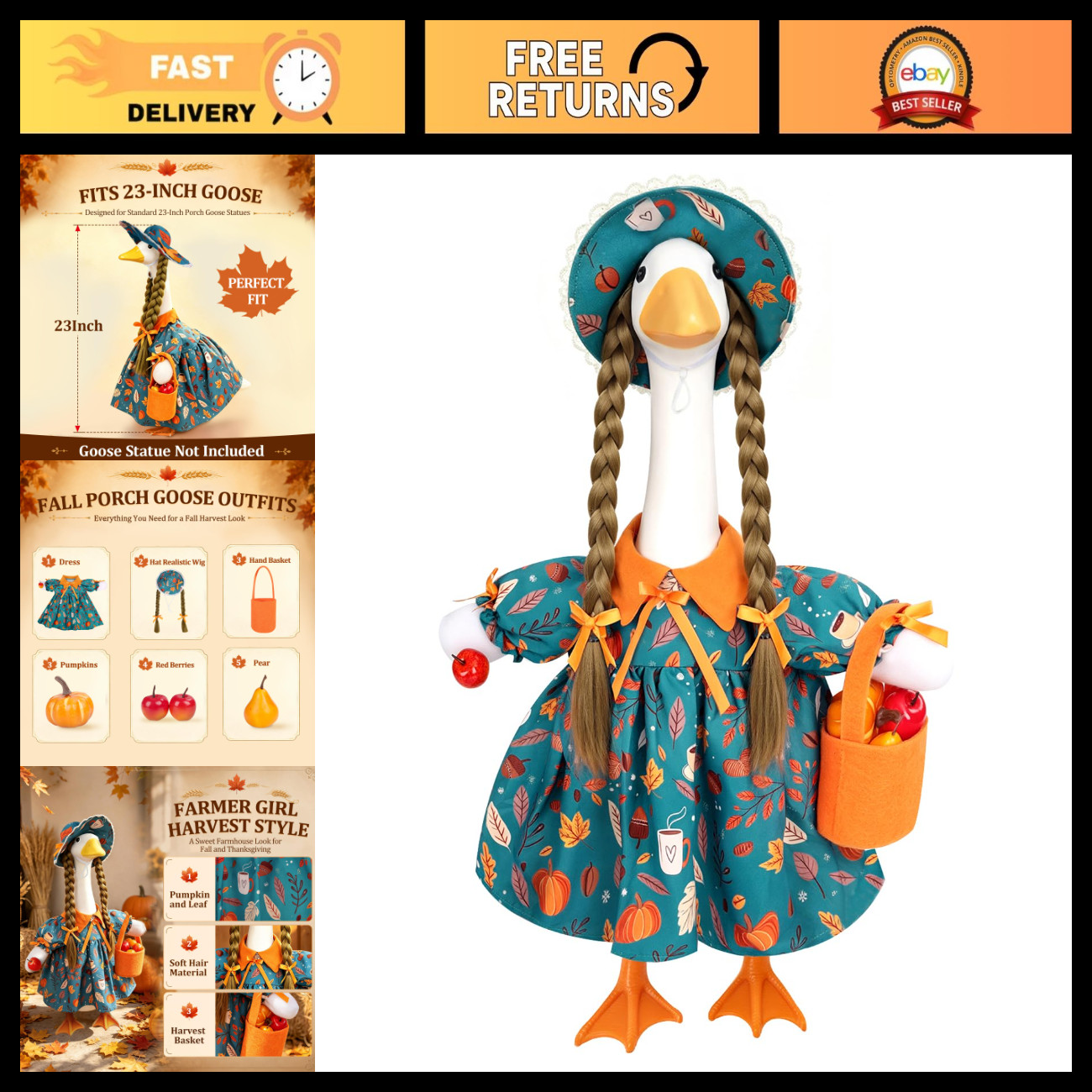 Fall Porch Goose Outfit Farmer Girl Goose Clothes for 23 Inch Porch Statue
