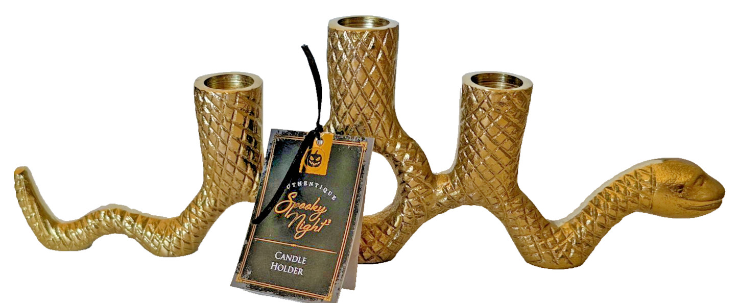 Spooky Night Halloween Brass Color Snake Triple Three Candle Stick Holder 14x5\ Spooky Night Halloween Brass Color Snake Triple Three Candle Stick Holder 14x5\