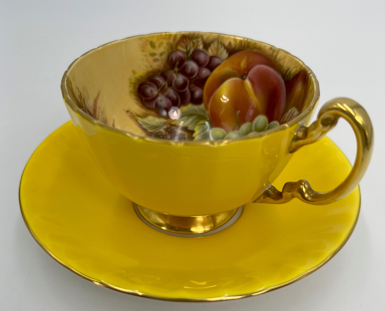 Vintage Aynsley Orchard Fruit Yellow Tea Cup & Saucer footed England