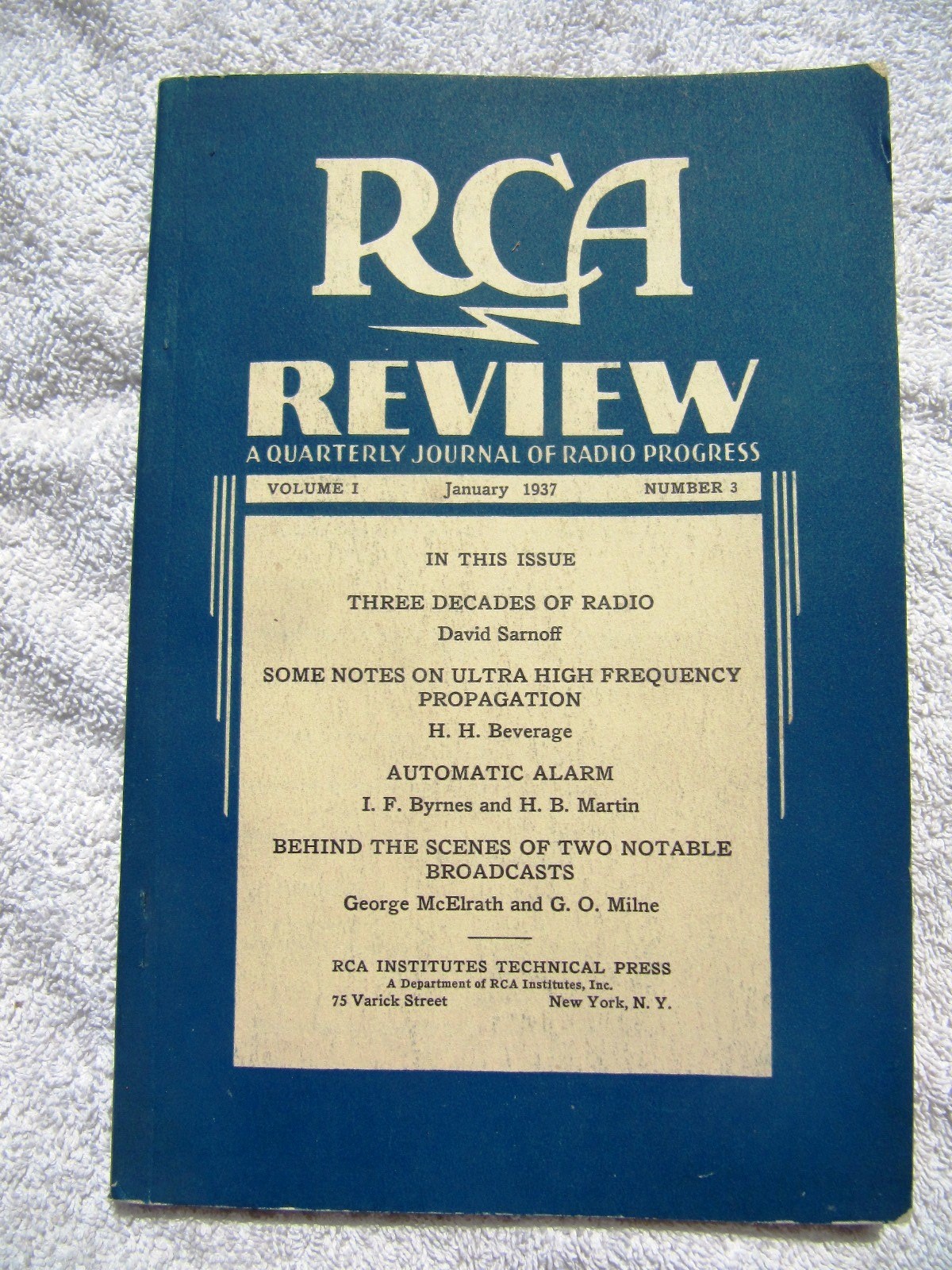 January 1937 RCA REVIEW Journal RADIO PROGRESS Ultra-High Frequency Broadcasts.