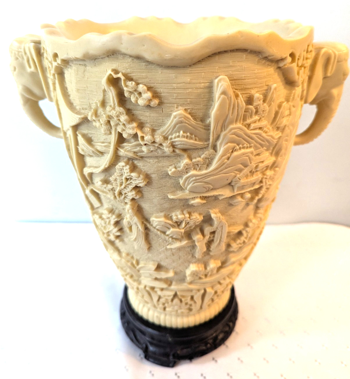 Vtg-3D-Asian Faux Ivory/Carved Resin Vase-Scenic Pagoda-Elephant Handles- 12 Vtg-3D-Asian Faux Ivory/Carved Resin Vase-Scenic Pagoda-Elephant Handles- 12