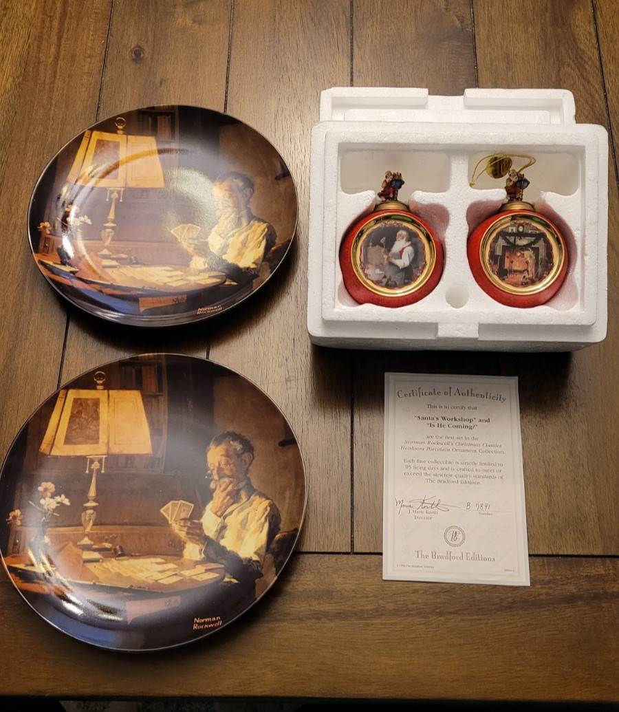 2 Norman Rockwell's Christmas Classics Heirloom Porcelain Ornament & 2 Plate Set 2 Norman Rockwell's Christmas Classics Heirloom Porcelain Ornament & 2 Plate Set