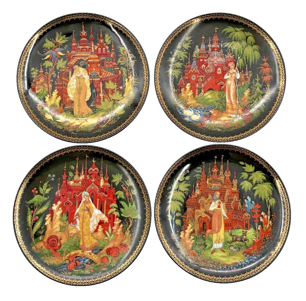 Russian Fairy Tale Collector Plates Palekh Numbered Set of 4 Ornate Black Gold Russian Fairy Tale Collector Plates Palekh Numbered Set of 4 Ornate Black Gold